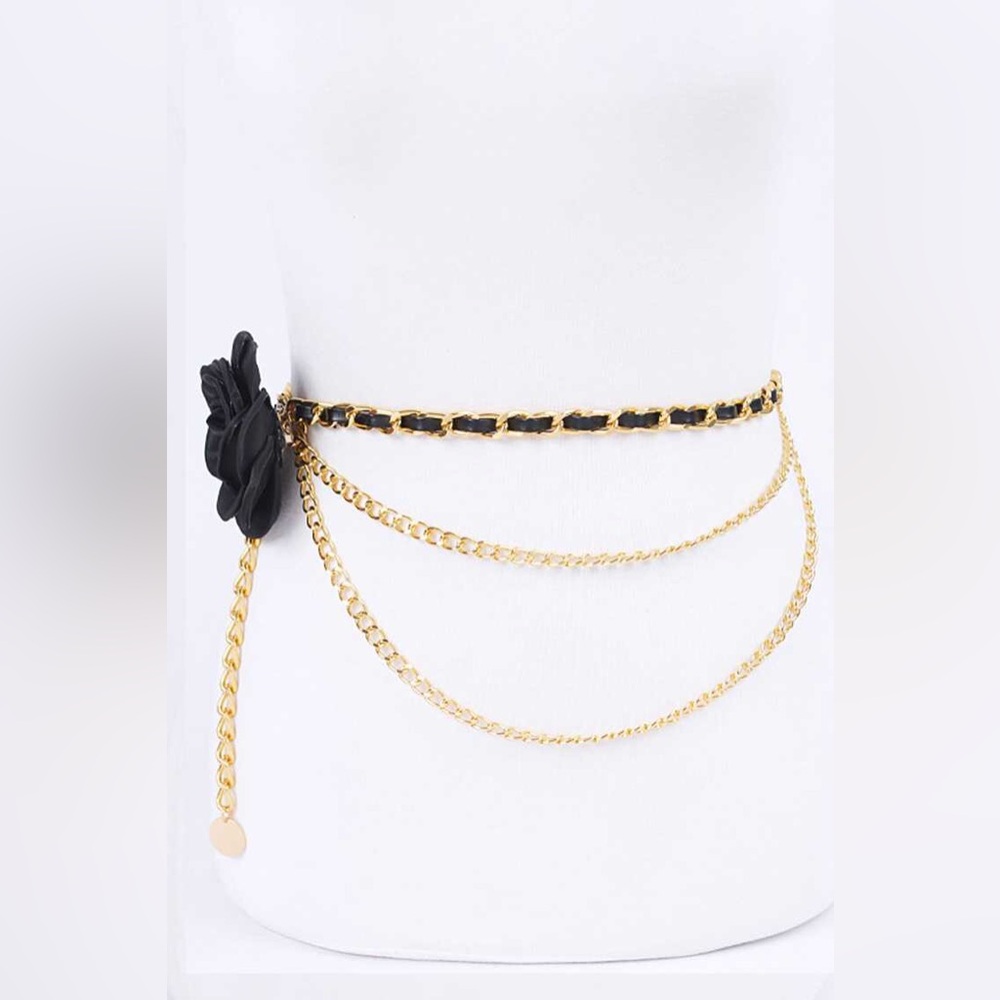 Satin 3-D Flower & Gold Iron Chain Statement Belt - Picture 2 of 7